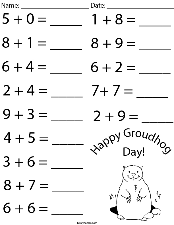 Groundhog Day Addition Math Worksheet Twisty Noodle